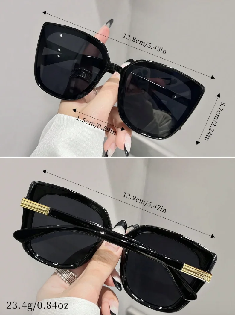 A pair of large black square sunglasses, unisex, stylish and elegant, suitable for family outings, travel, vacation wear, sports