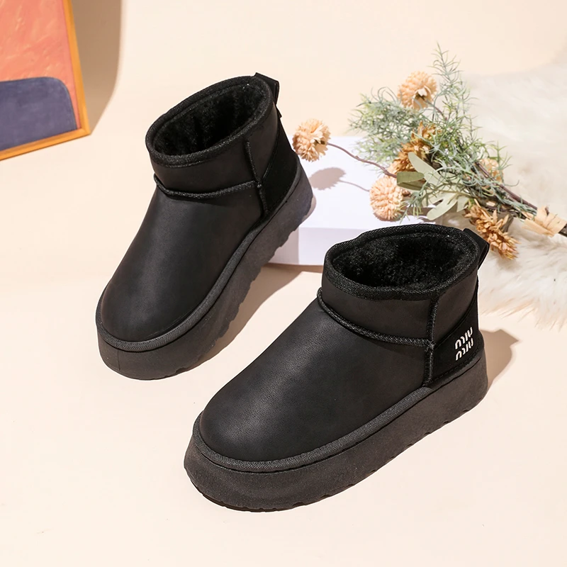 2026 جديد الشتاء الراحة بلون منتصف الكعب أحذية نسائية رئيس مستدير زيادة بسيطة الدافئة والصوف كم حذاء الثلوج المسطح 41 #1