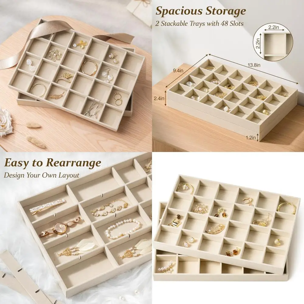 

Штабелируемый бархатный органайзер для ювелирных изделий с 24 сетками — мягкий бежевый чехол большой емкости для хранения аксессуаров