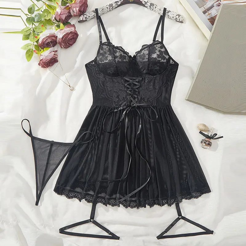 مجموعة كاملة من الملابس الداخلية الشفافة الأزرق حجم كبير الدعاوى الدانتيل الصدرية الرباط حزام ثونغ مجموعات الساخن المرأة المثيرة الملابس الداخلية فستان الليل