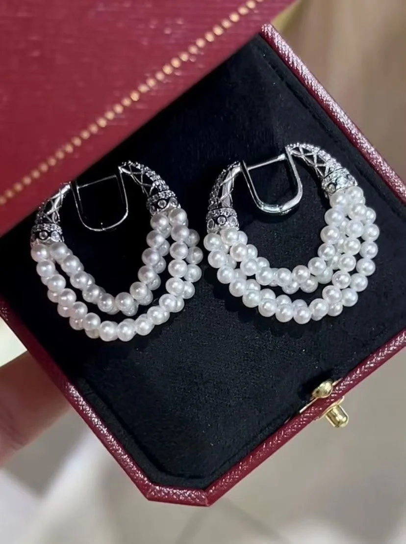 Certificate 925 Silver Natural Freshwater Akoya Pearl 3.5-4mm Multi-Layer Pave CZ U Huggie Earrings Hot Sale Elegant Women Jewel