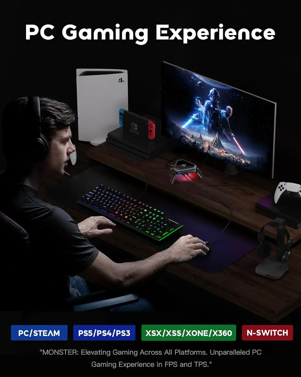 محول لعبة Gamwing Monster محول لوحة مفاتيح الماوس لجهاز PS5 PS4 PC Xbox X/S Nintendo Switch