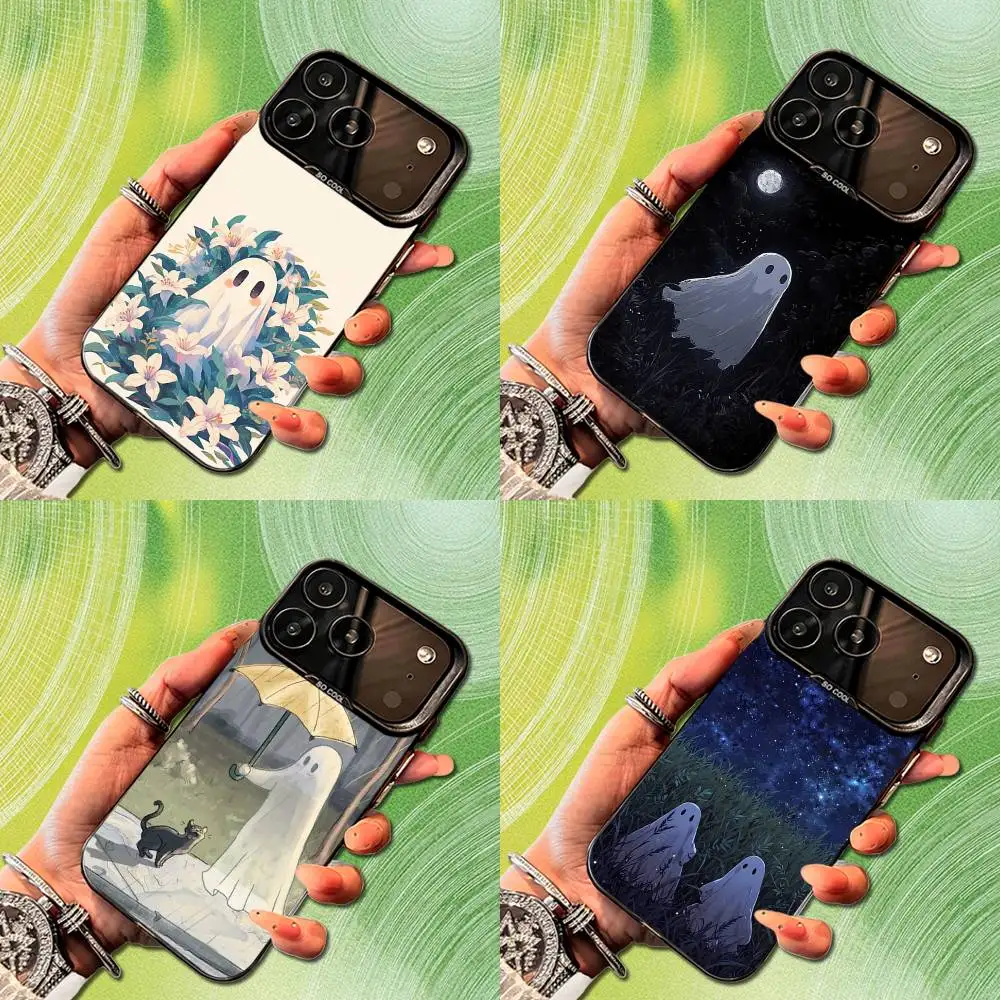 

Halloween Art Cute Ghost Phone Case For iPhone 14,17,13,12,11,16,15,Mini,Pro,SE,XS,MAX,Black Matte Silicone Cover