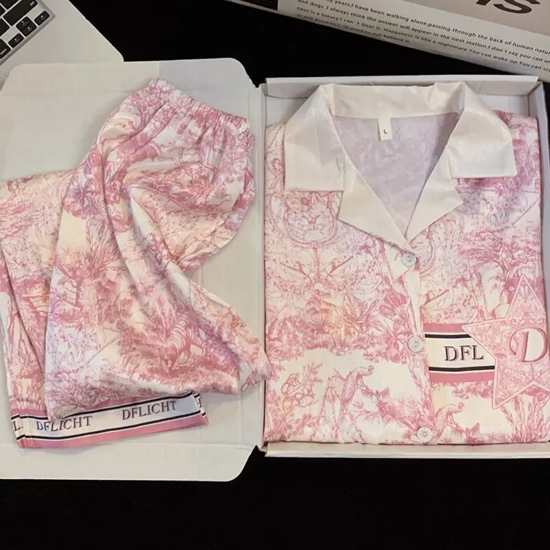 silk pajamas for women summer ice silk pijamas long sleeves long pants sleepwear comfortable loungewear two-piece set