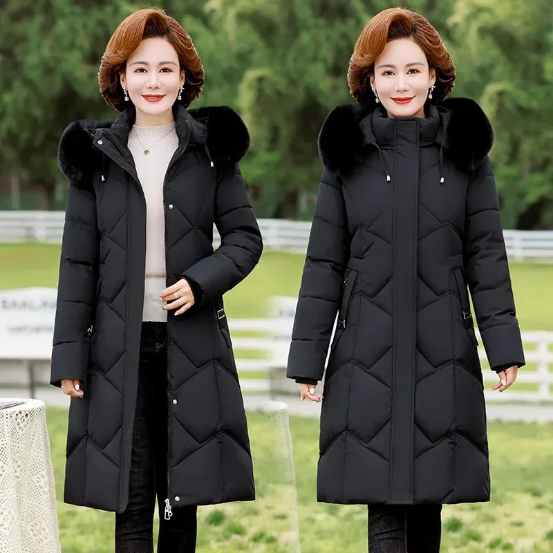 2023 New Winter Women Duck Down Coat Parka Jackets Long Slim Fur Collar Hooded Mother Parkas Warm Coats Female Outwear