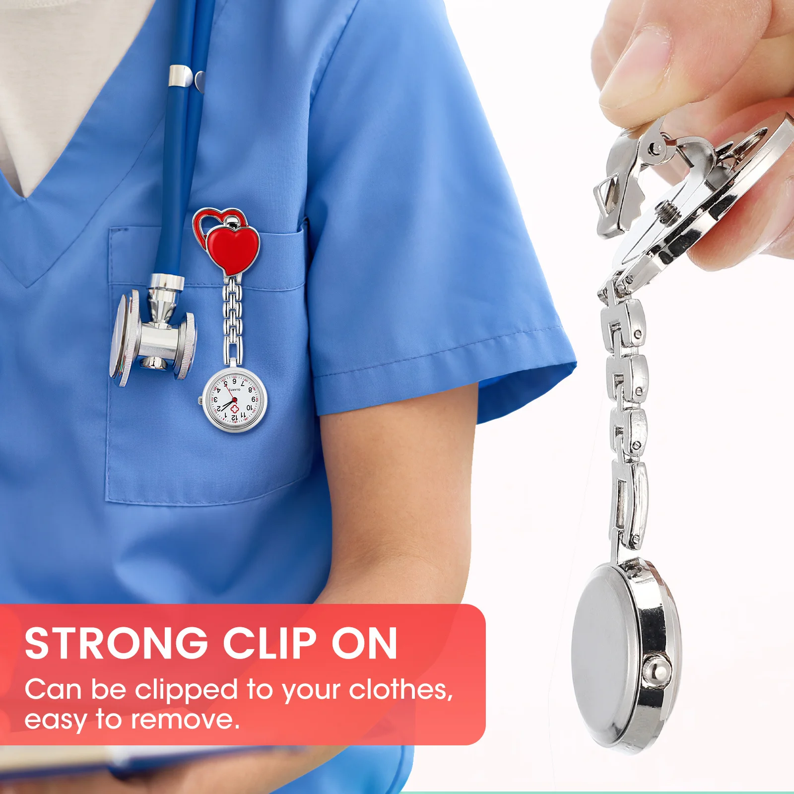 ساعة جيب ممرضة على شكل قلب أحمر متين وخفيف الوزن ومبتكر لتزيين الملابس