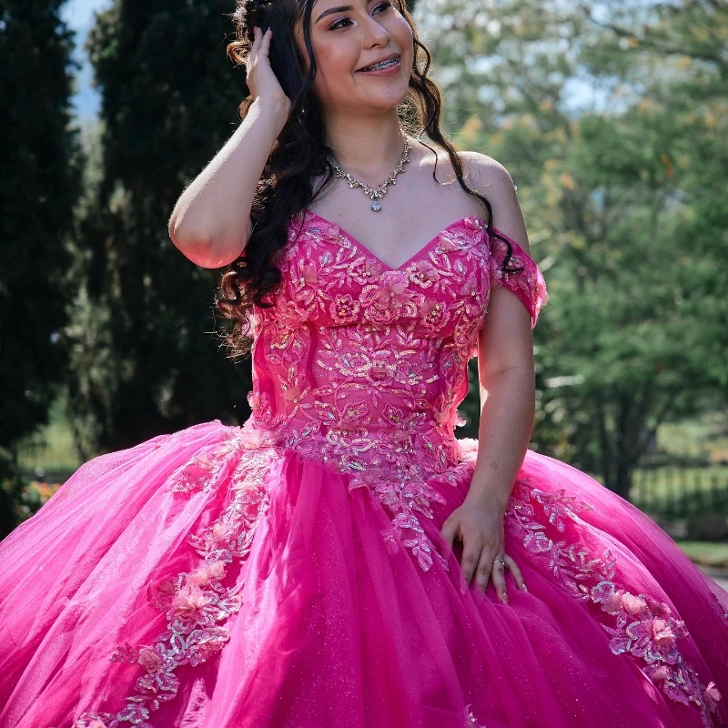 Розово-красные блестящие платья Quinceanera по индивидуальному заказу, бальное платье, милая аппликация с блестками, кружево, бисер, тюль, на шнуровке, вечерние принцессы