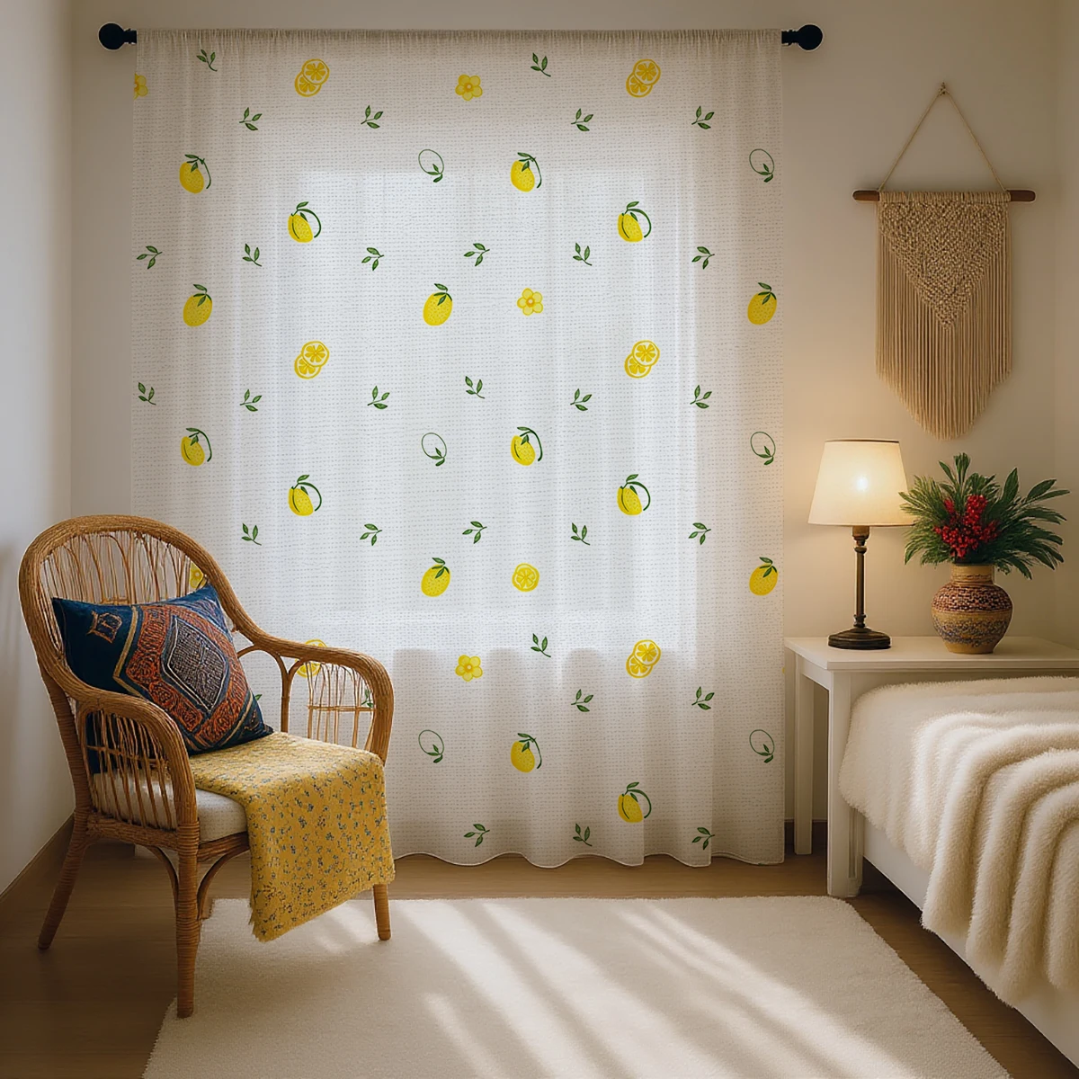 1 Piece Fresh Country Lemon Sheer Curtain - Light Reducing, Privacy, Rod Pocket, for Living/Bedroom/Kids Room