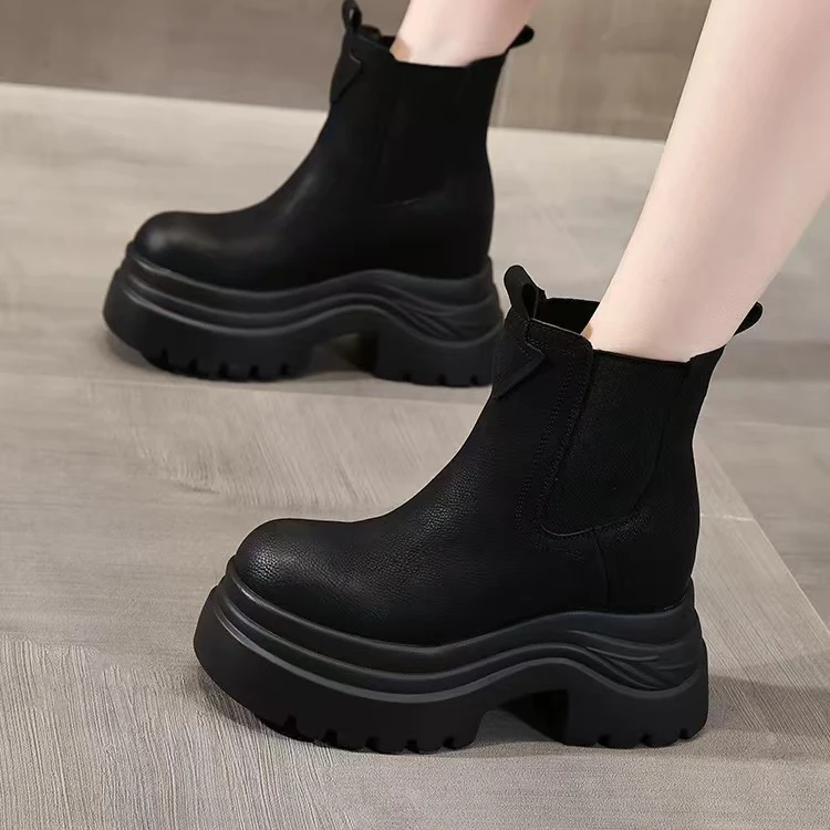 

Women's Chelsea Boots 0cm Heightening Inner Fce ort Boots Spring Autumn Soft Briti Sle Waterproof Platform