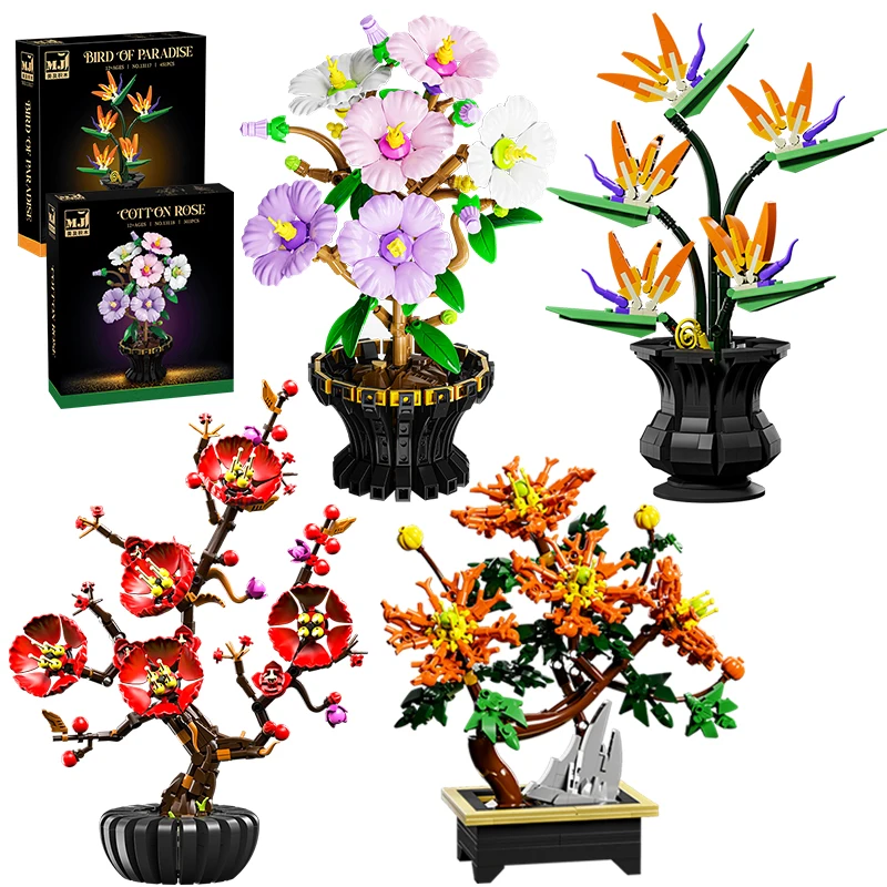 

Креативный конструктор-букет из гибискуса и цветов сливы в горшке, цветок-журавль, декор для дома, сборные кирпичики, игрушки, подарки для девочек