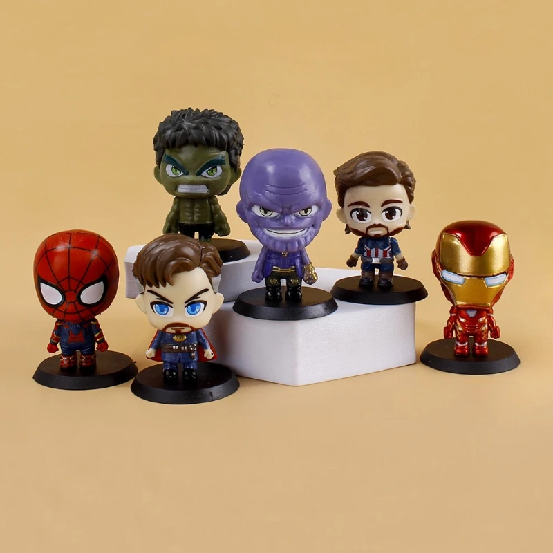 6개 세트 마블 어벤져스 헐크 아이언맨 스파이더맨 토르 애니메이션 피규어 데스크탑 모델 장식품 자동차 장식 컬렉션 어린이 선물 장난감