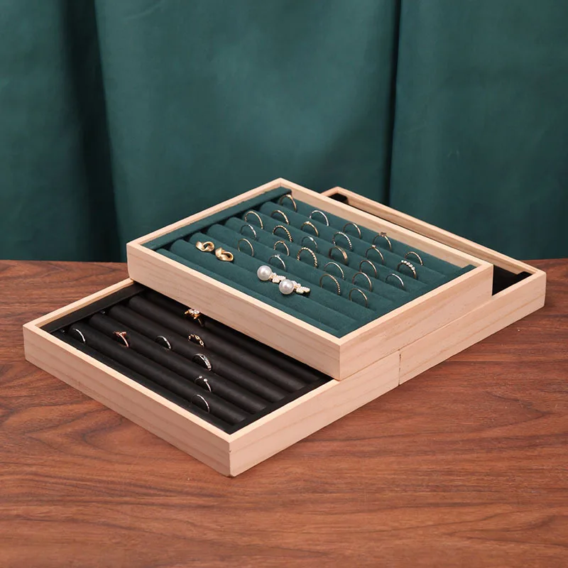 Solid Wood Small Flannel Ring Display Plate, Stud Earrings, Bracelet, Storage and Finishing Box, Ring Jewelry