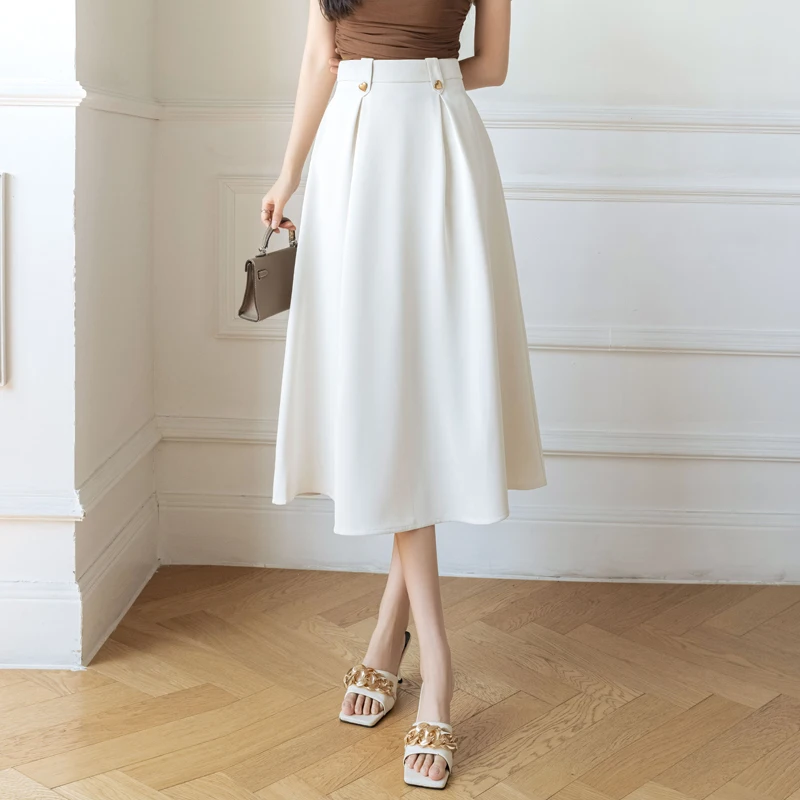 2023 New Fashion Solid A Line Women Skirt Elegant Office Lady All-match High Waist Knee Skirts Summer Loose Female Long Skirt