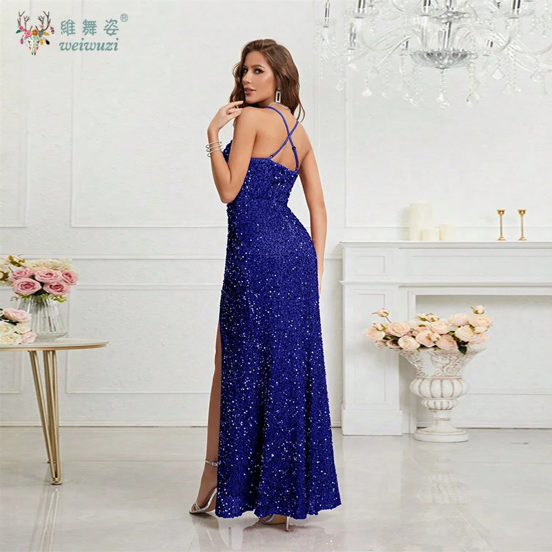 Elegante e luxuoso sem costas cintas de espaguete lantejoulas vestidos de noite sexy com decote em v bodycon alta fenda vestidos de noite formais