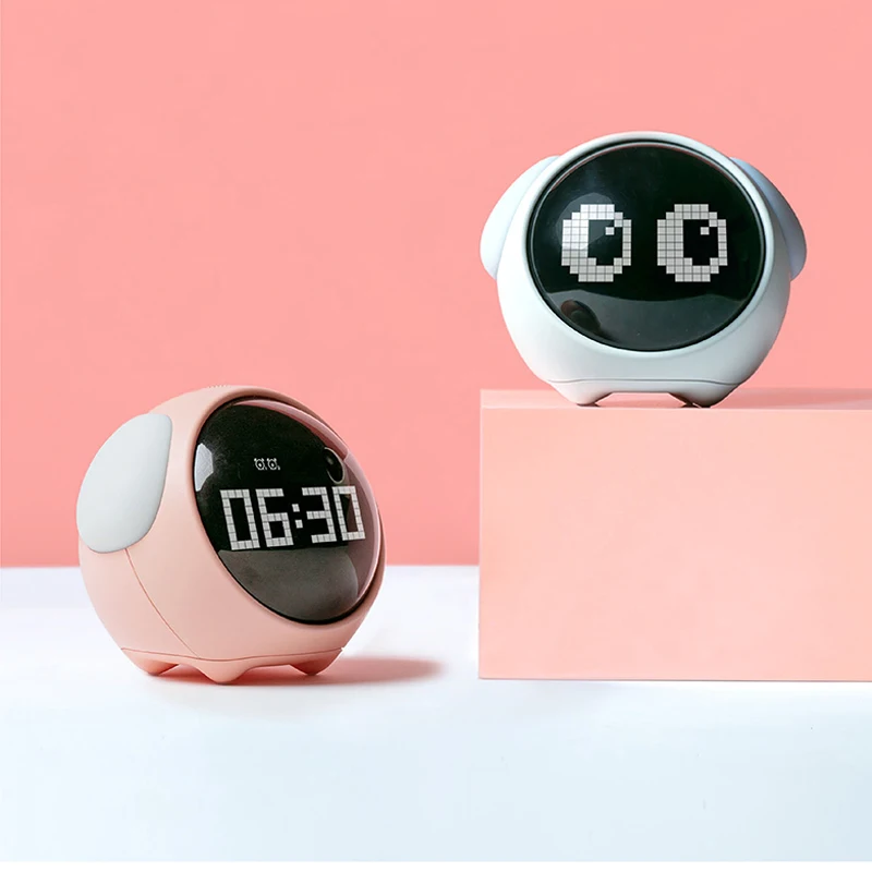 

Cute Expression Alarm Clock Bedside Voice Control Night Light USB Chargeable Child Snooze Alarm Clock Kid Gift Digital LED Clock