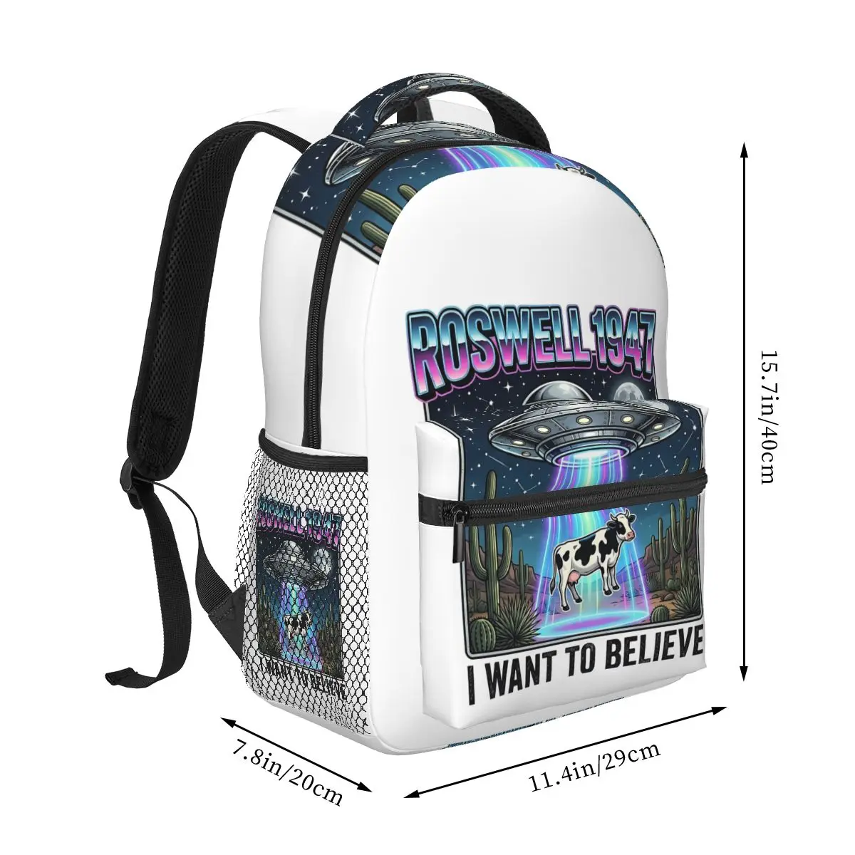 Funny Alien Abduction Cow Roswell 1947 Cartoon Backpack Hot Sale Daypack Boy Girl BookBag School Bag Shoulder Bags for Men Women