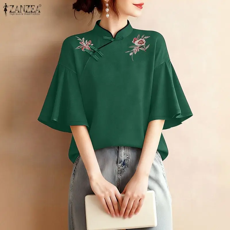 

ZANZEA Women Summer Embroidered Floral Blouse Elegant Stand Neck Short Sleeve Work Shirt Vintage Holiday Tunic Tops Mujer Femme