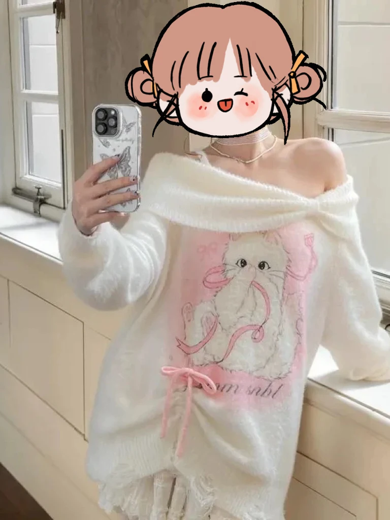 

Sweet Print Off-oulder Knitwear Women's Autumn Winter New Sle Large Size plus MM Sweater Top Comfortable Loose Fit