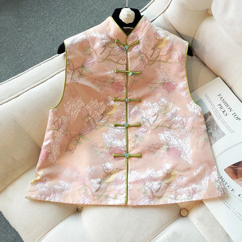 

Pink Chinese Style Single-breasted Jacquard Vest Women's Autumn Wear Retro Flower And Bird Brocade Sleeveless Jacket S-XXL