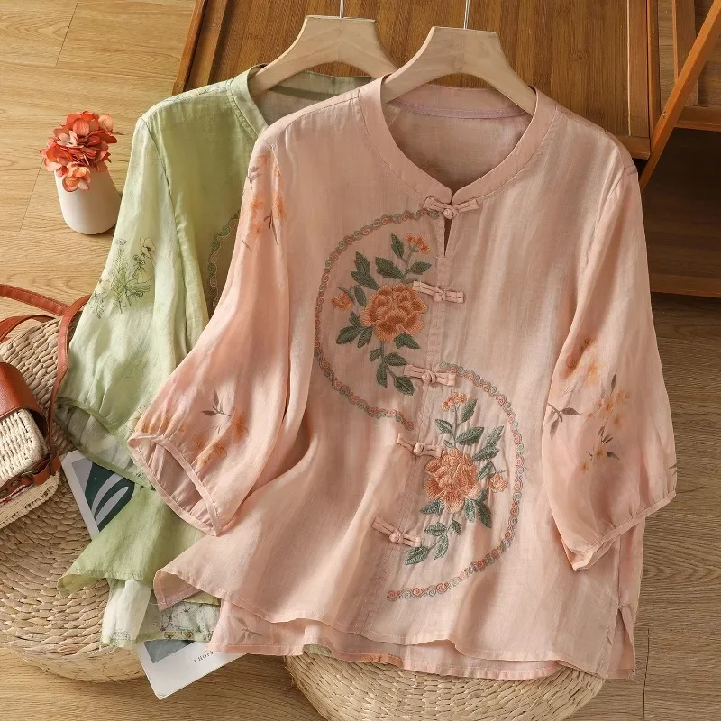 Chemisier de Style chinois pour femmes, chemises Vintage brodées, mode, vêtements d'été amples, manches courtes, en coton et lin, hauts pour femmes