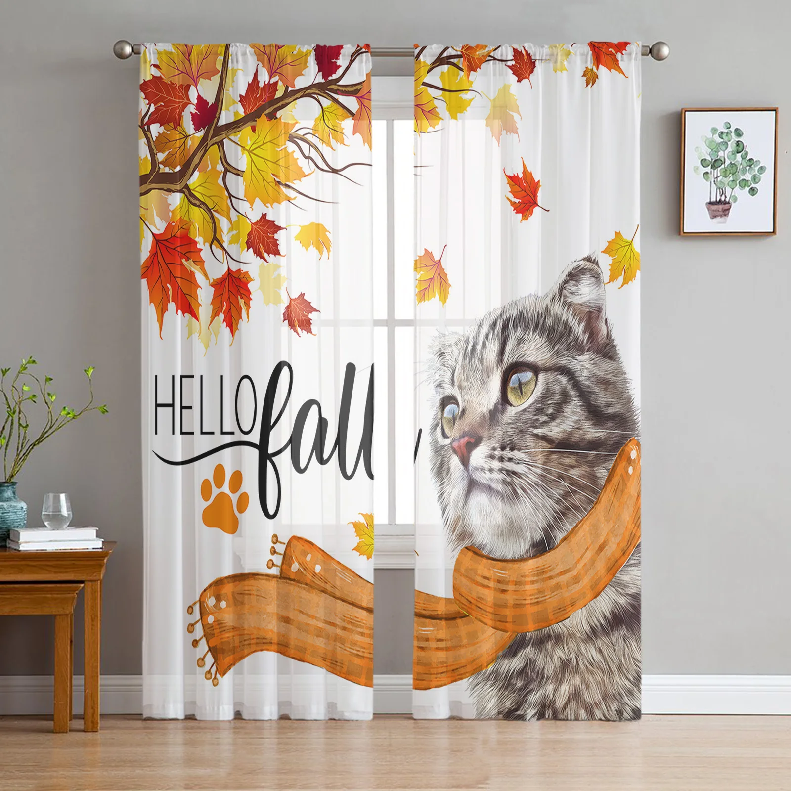 Autumn Maple Branch Cat Sheer Curtains Christmas Decorations for Home Window Tulle Curtains for Living Room Bedroom