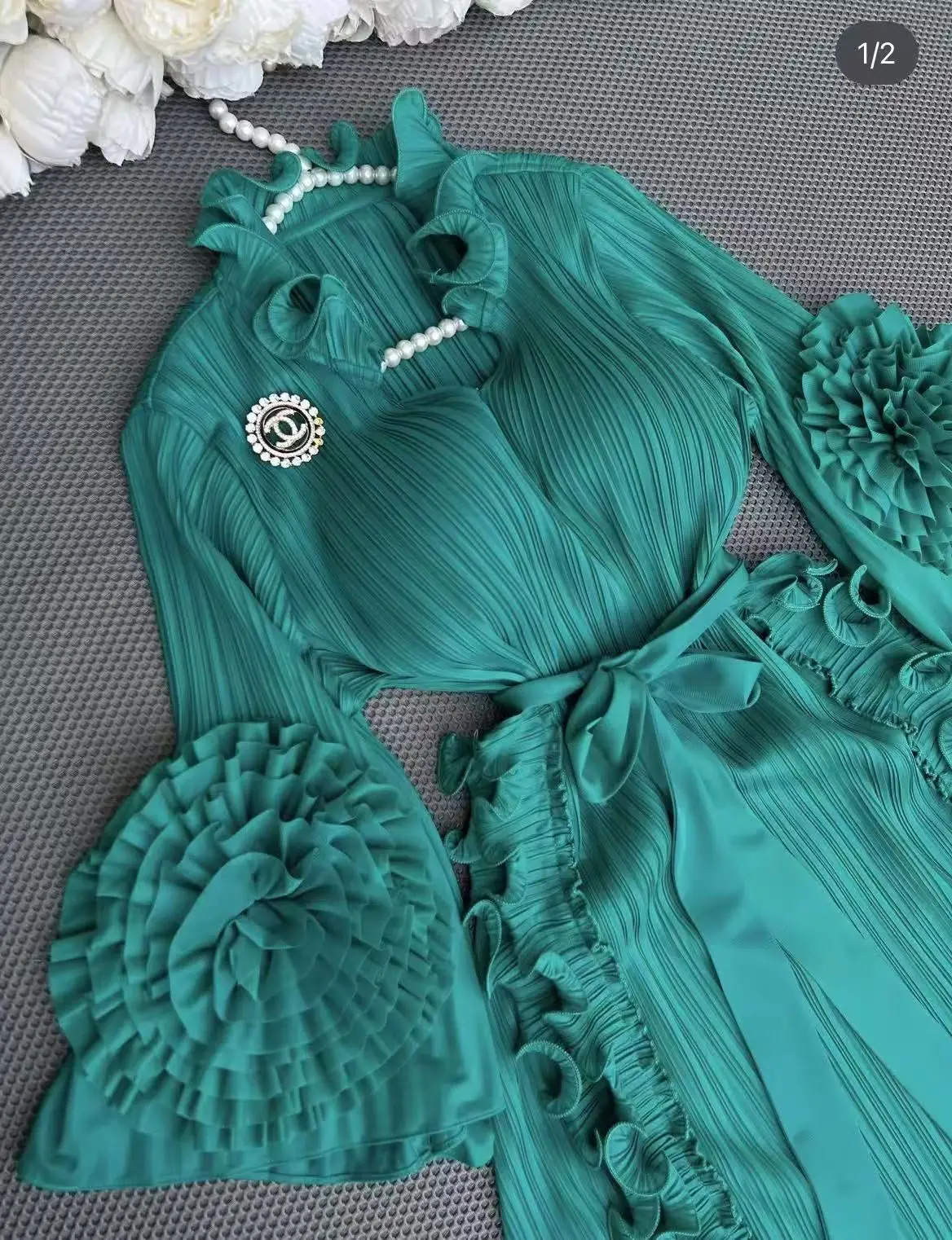 Miyake Pleated Solid Color Dress Women's Niche Light Mature Wind Three-dimensional Flower Waist Thin Pendant Dress Clothing