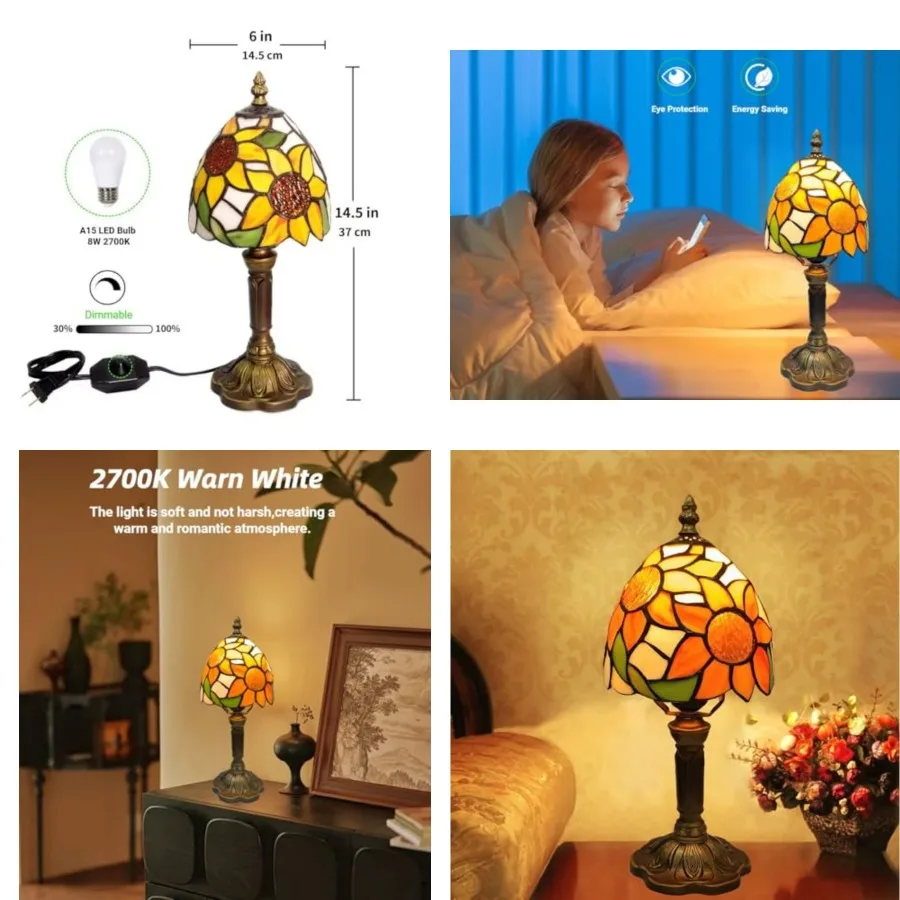 

Tiffany Style Table Lamp, Sunflower Staed Glass Lamp, Small Antique Bedside Lamp, for Bedroom Livg Room Home, cluded Dimmable L