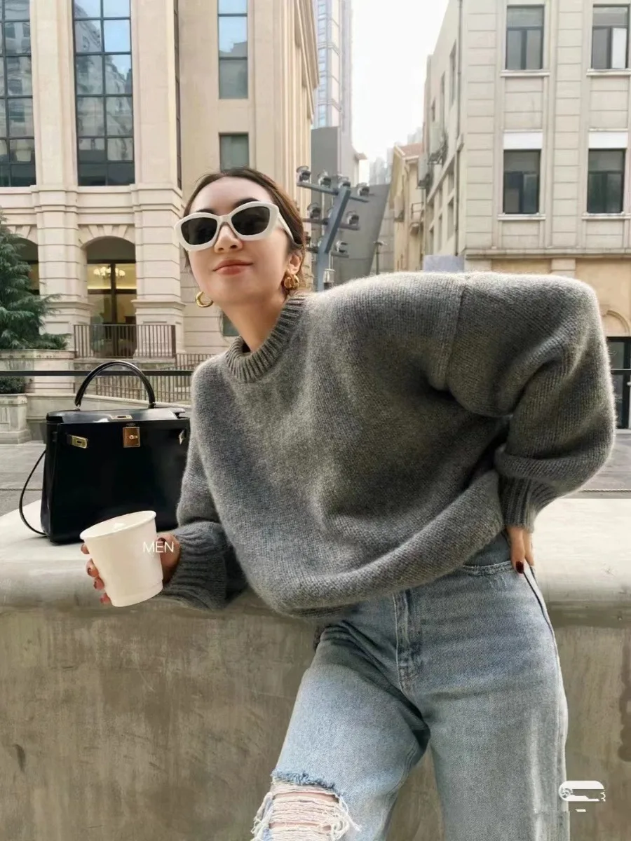 Customization 2023 Autumn And Winter New 100% Cashmere Sweater Women's Grey Round Neck Pullover Knitted Wool Loose Thick Sweater
