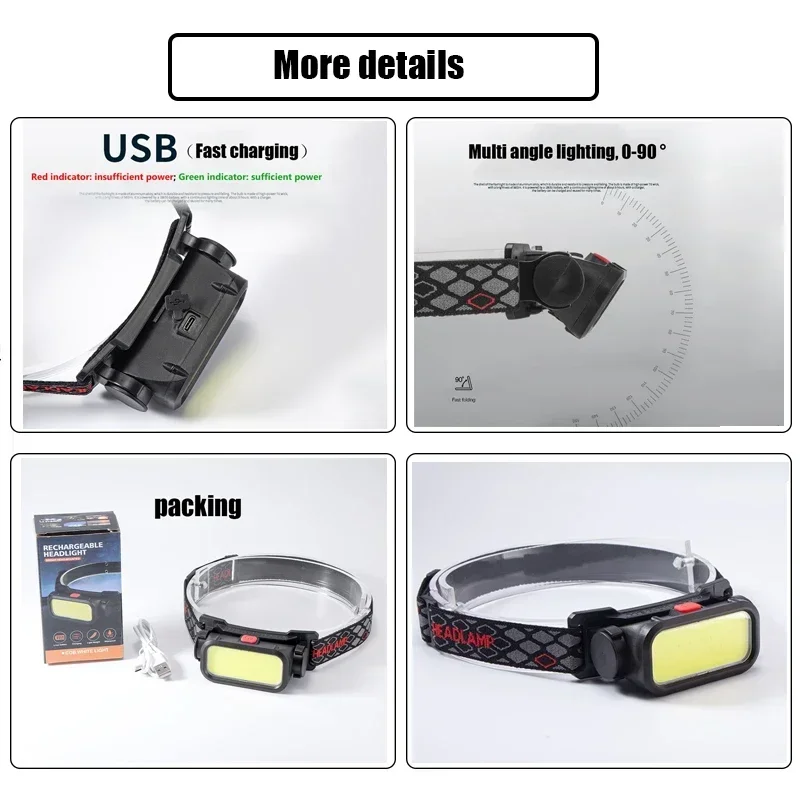 COB Headlight Portable Headlamp With Built-in 18650 Battery Flashlight USB Rechargeable Outdoor Camping Fishing Climbing Lantern