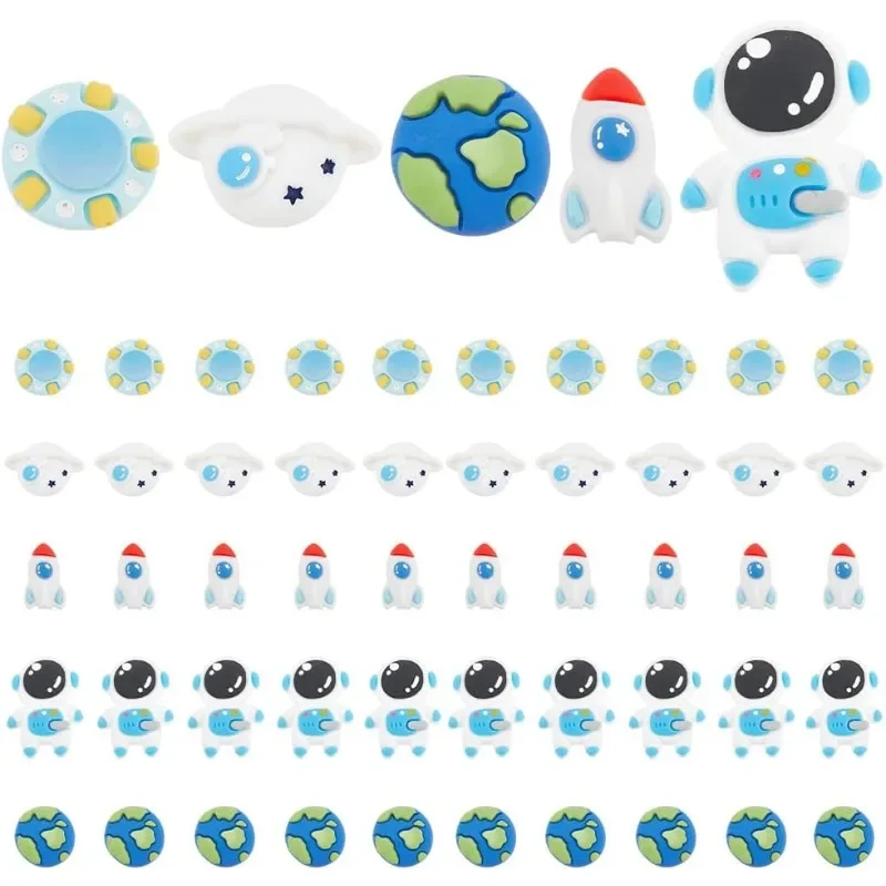 

50pcs Cosmos Resin Cabochons 5 Styles Astronaut Spaceship Charms Flatback Resin Tiles for Sunglasses Phone Case Hair Clip