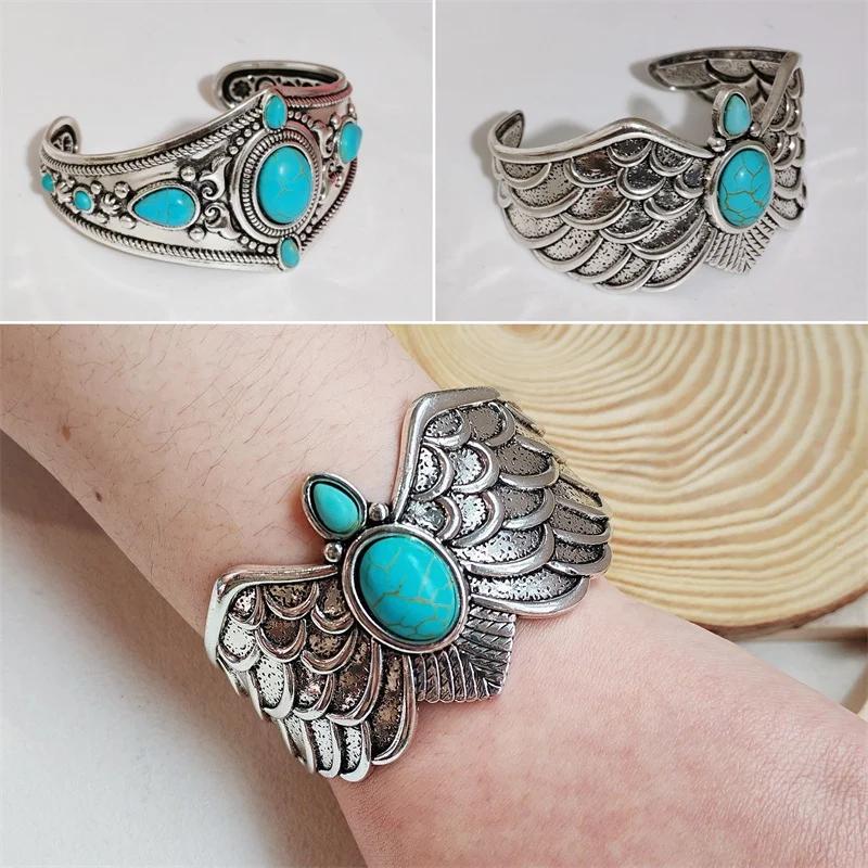 

Inlaid Turquoise Open Wide Face Bracelet Retro Ethnic Style Nepalese Characteristic Fashion Jewelry for Women Accessories