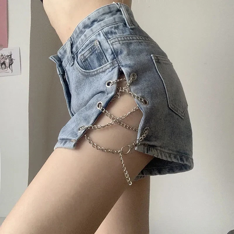 Rimocy Fashion Chain Blue Denim Shorts for Women 2024 Sexy Split High Waist Shorts Woman Summer Streetwear Short Jeans Female