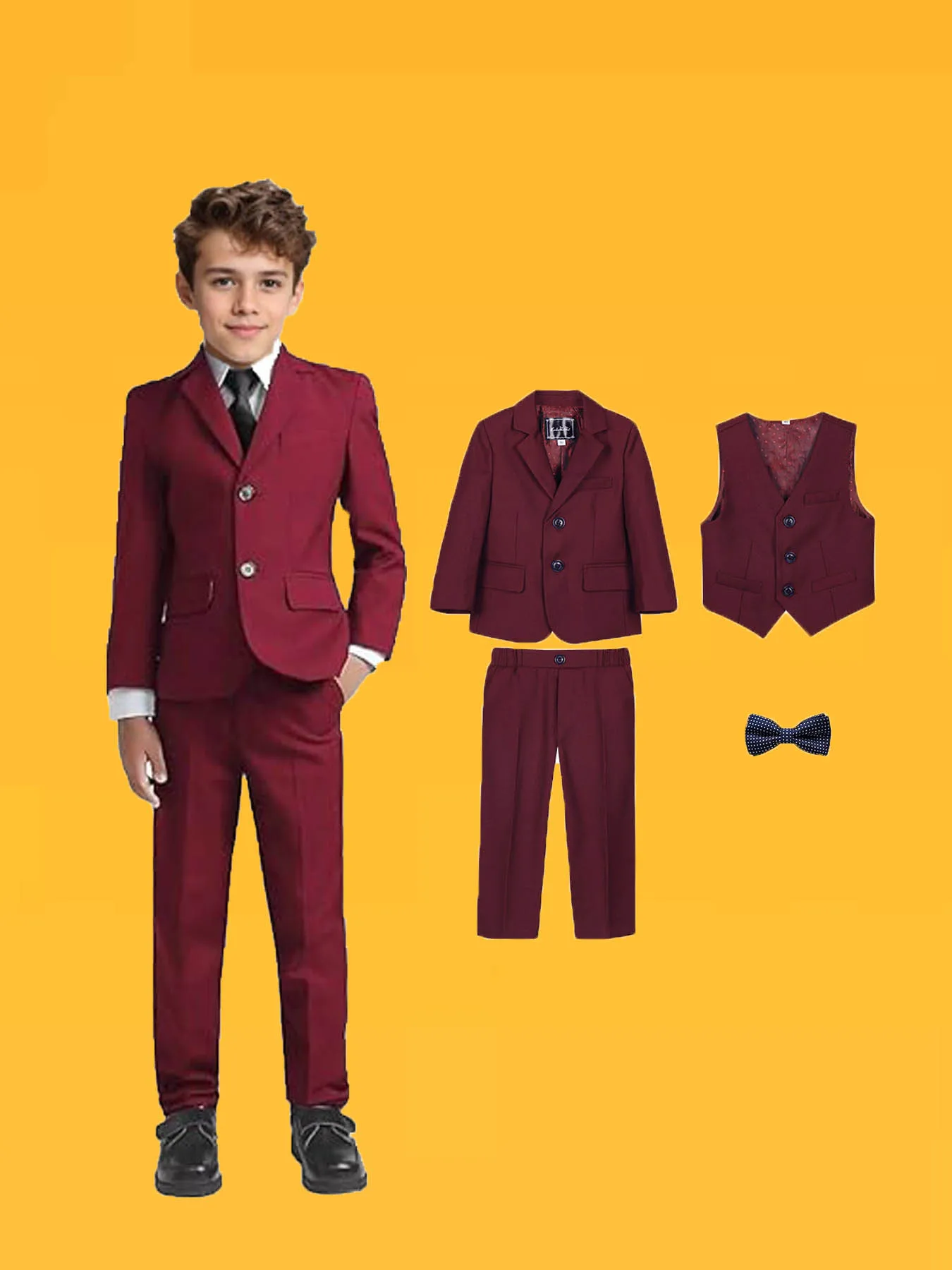 Boys Burgundy Red 4Pieces/Set Jacket Vest Pants Bowtie Photograph Suit Children Piano Dress Kids Graduation Performance Costume