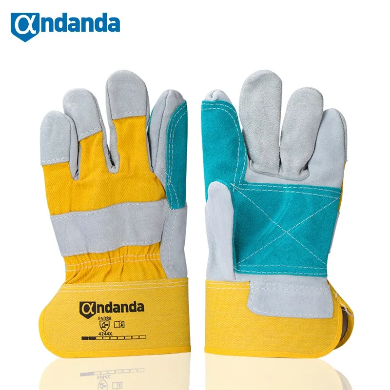 

Andanda Man Work Gloves Stretchable Tough Grip Leather for Utility Construction Wood Cutting Cowhide Gardening Hunting Gloves