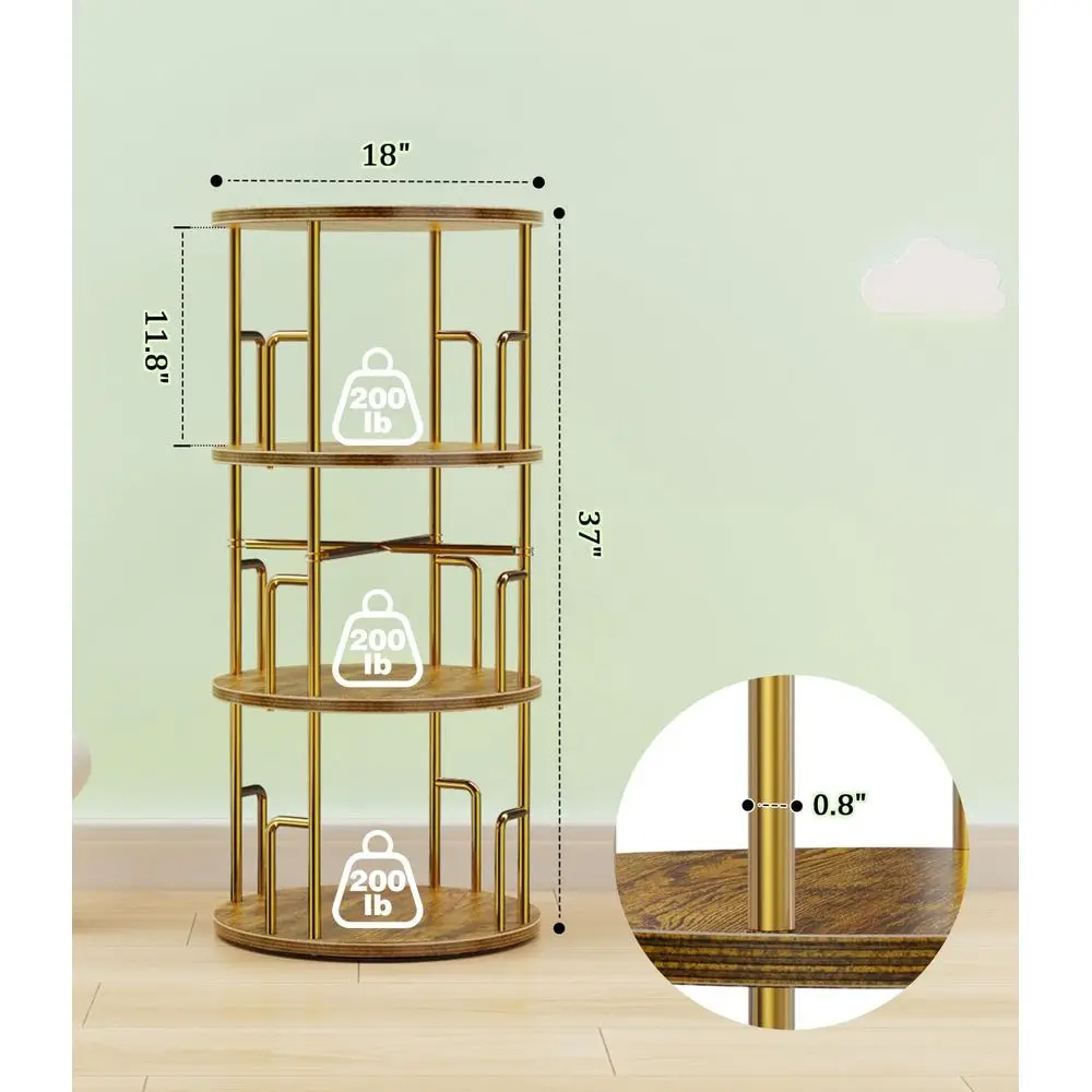 Gold 37 3-Tier Rotating Bookshelf Tower - Floor Standing, Anti-Tip Design, Metal & Wood, Space-Saving for Small Spaces, Ideal fo