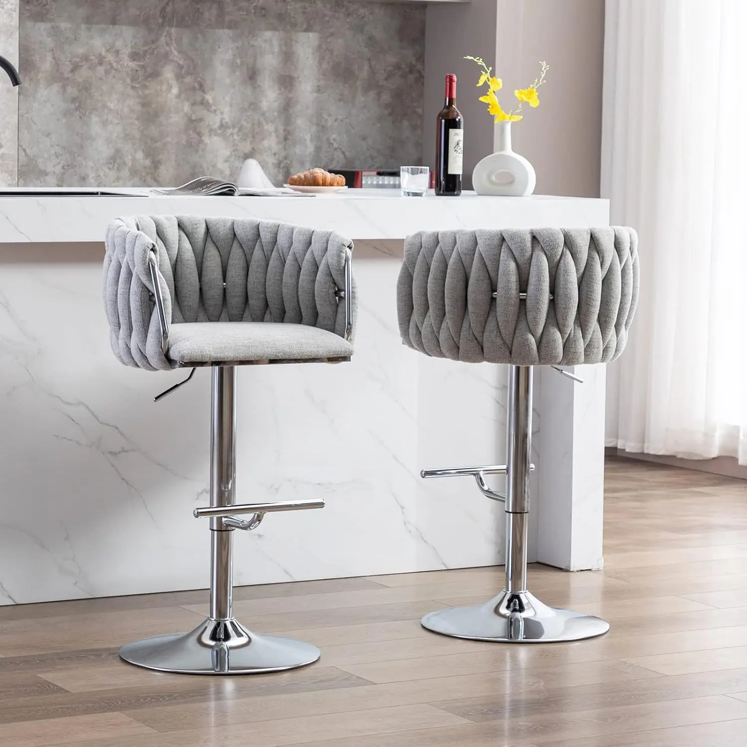 Duomay Modern Swivel Bar Stools Set Of 4, Linen Fabric Adjustable Height Barstool With Barrel Back Kitchen Island Counter Bar