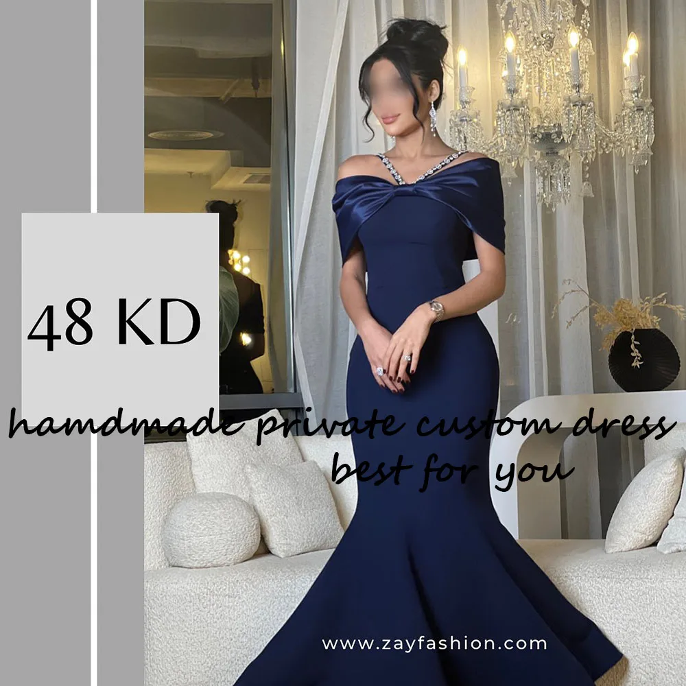 

Navy Blue Satin Mermaid Evening Dresses Off Shoulder Bodycon Long Formal Dress Floor Length Arabic Dubai Prom Party Gowns