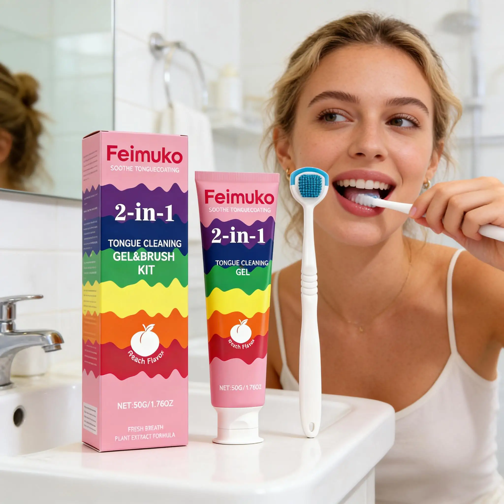 Tongue Coating Cleaning Gel Removal Odor Inhibit Oral Bacteria Refresh Bad Breath Brighten Teeth Tongue Cleaner with Toothbrush