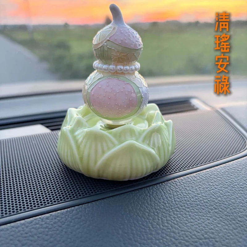 Jingdezhen Rotatable Gourd Ornament,Hand‑Painted Floral Ceramic Decor with Lotus Base,for Car Tea Table Desktop Household Deco