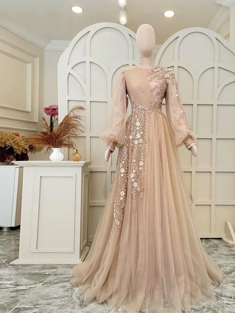 Elegant Champagne Muslim A-Line Tulle Wedding Guest Evening Cocktail Prom Homecoming Dresses for Bride Special Occasion