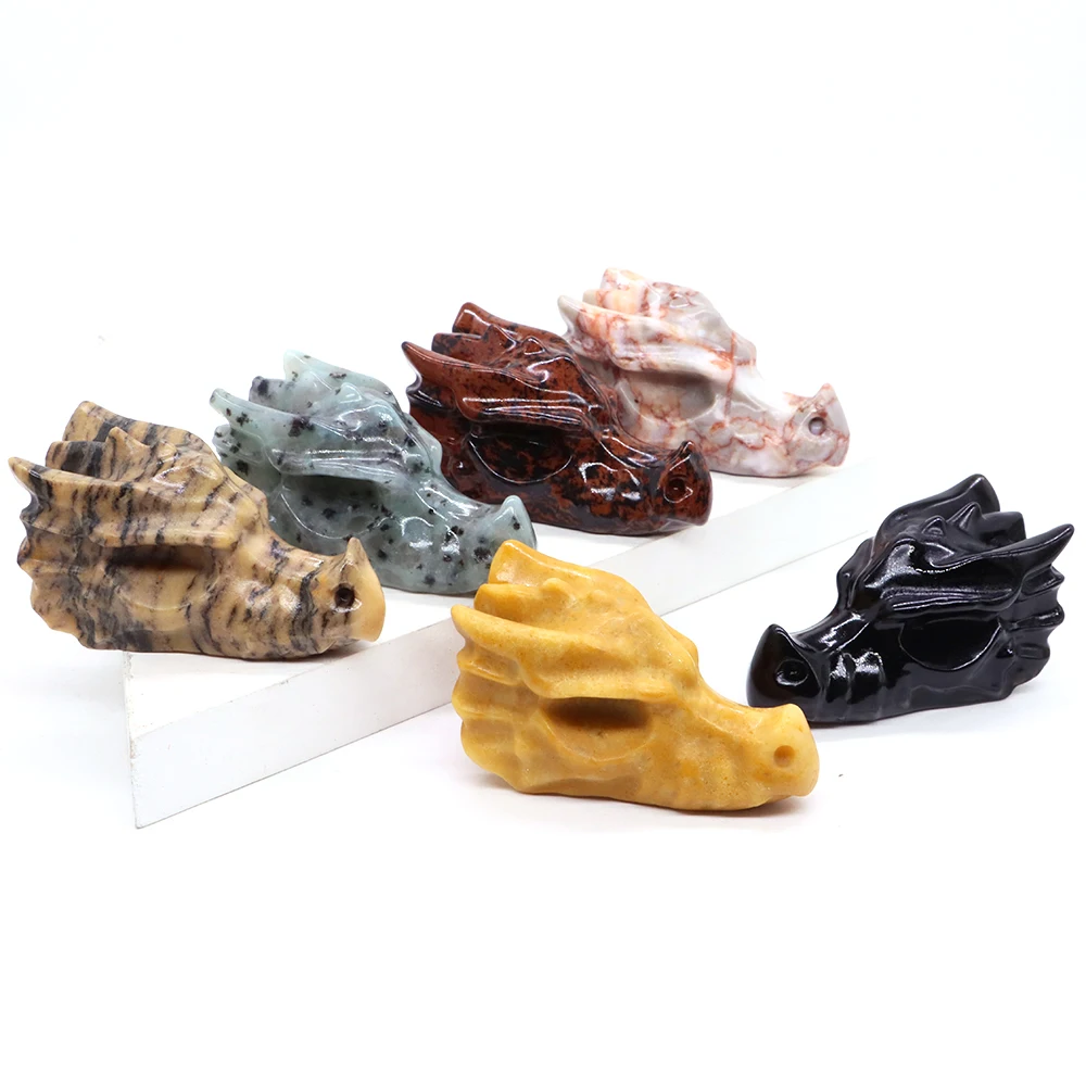 

Natural Stone Hand Carved Dragon Head Statues Reiki Crystals Animal Skull Figurines Gems Crafts, Home Decor Halloween Gifts 70mm