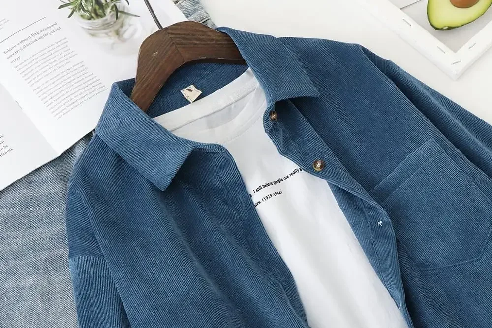 Mabrasion wear corduroy shirt female Spring and autumn design sense harbor wind lady solid color shirt loose