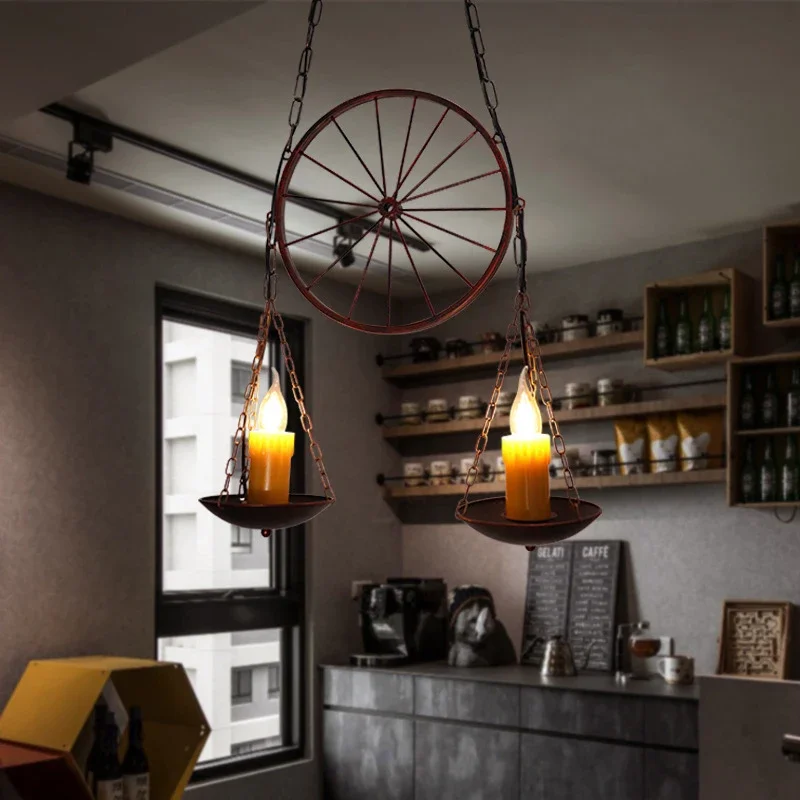 Vintage Iron Chandelier Loft Industrial Pendant Lamp Coffee Shop Hot Pot Restaurant Bar Hanging Light Wheel Candle Table Lamp