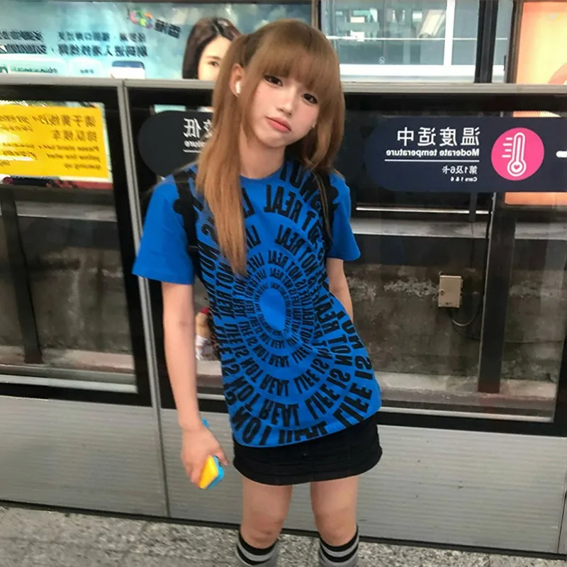 Karrram Japanese Y2k Letter Print T-shirt Trashy 2000s Style Loose Tshirt Vintage Harajuku Short Sleeve Tee Shirt American Retro