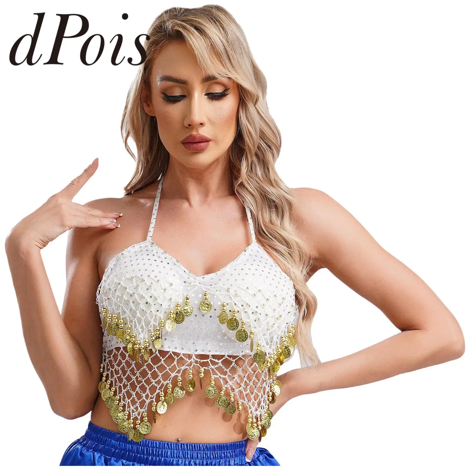 Womens Belly Dance Tops Sequin Halter Bra Beads Tassel Bras Lace-up Dance Crop Top Boho Festival Bellydance Performance Costume