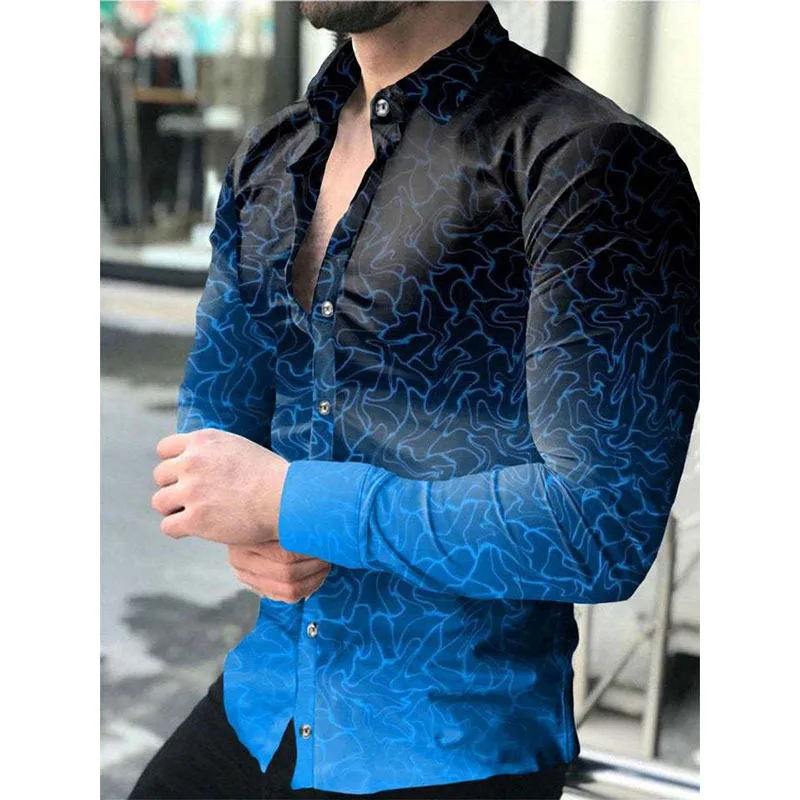 Men's Starry Sky Natural Geometric 3D Print Long Sleeve Lapel Shirt Gradient Design Hawaiian Beach Casual Shirt Outside Wear