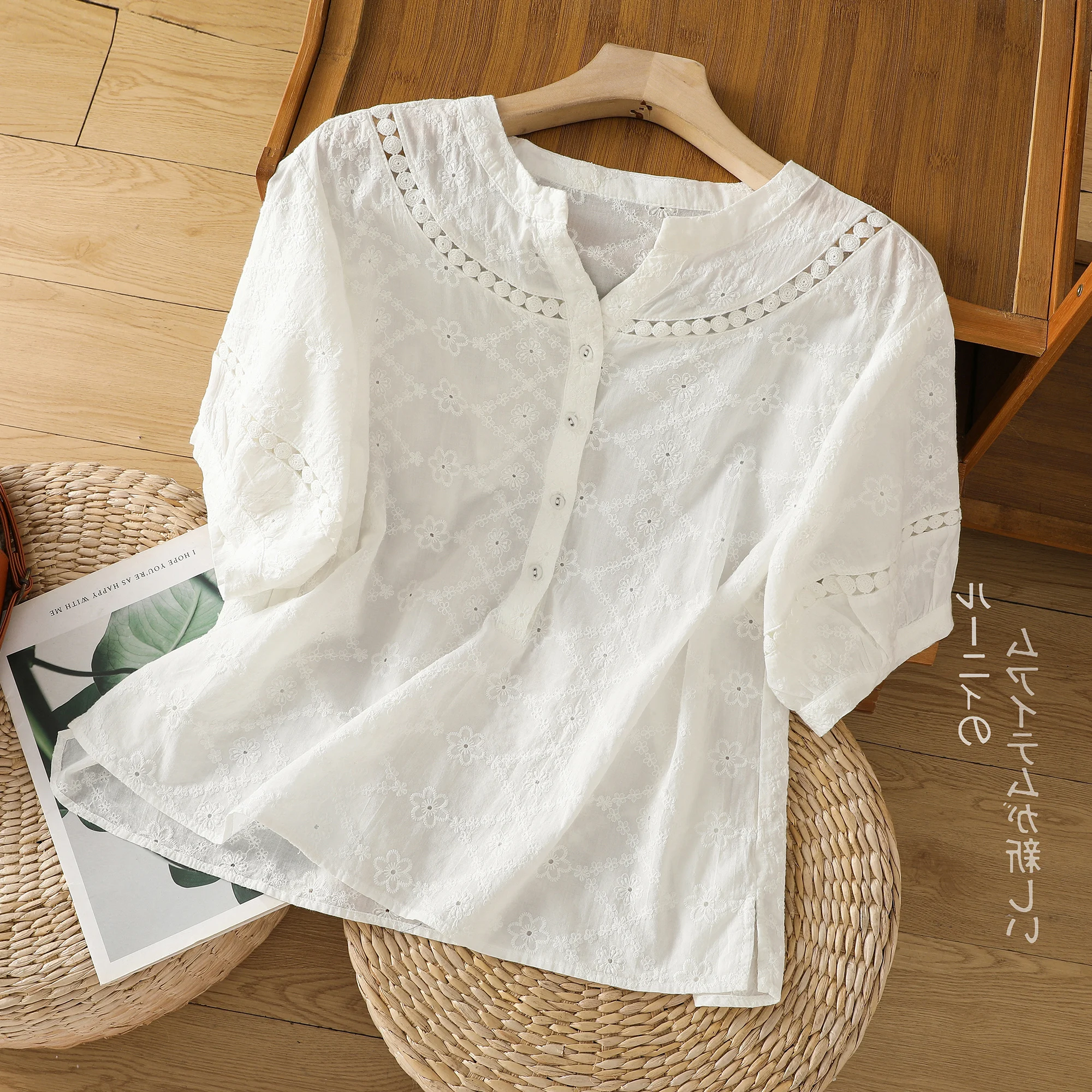 Embroidered Hollow out Pure Cotton Short Sleeve Shirt Women's Summer New Style Youthful Cotton Top Thin Model Mom Shirt