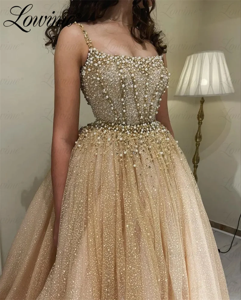 Champagne Prom Dresses Long 2 In 1 Design Beaded Pearls Wedding Party Dress Spaghetti Straps Arabic Evening Gowns Robe De Soiree