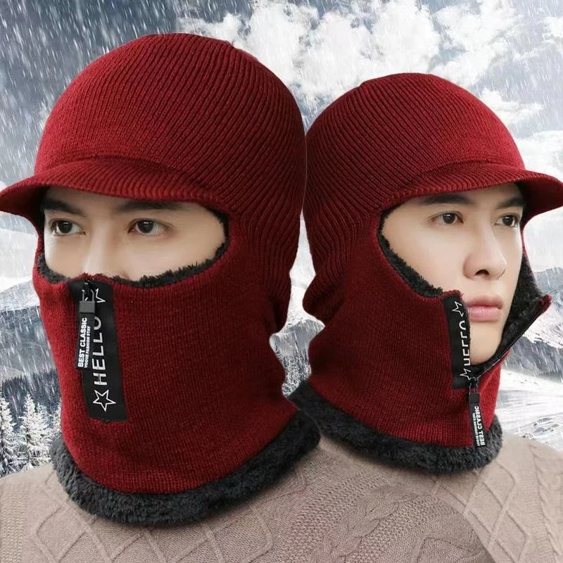 

Winter Knitted Hat with Zipper Warm Thick Wool Hat Outdoor Ear Protection Warm Windproof Visors Cap Bicycle Motorcycle Mask