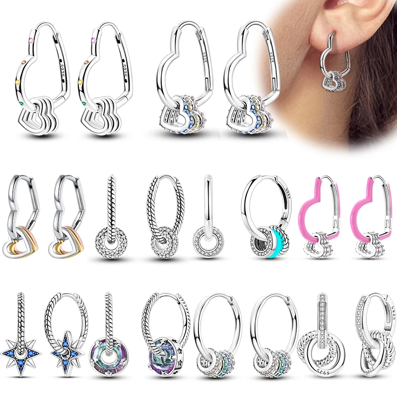 Women's trendy 925 Sterling Silver Circle Heart-shaped Multi Ring Combination Earrings Fit For Engagement Party Fine Jewelry